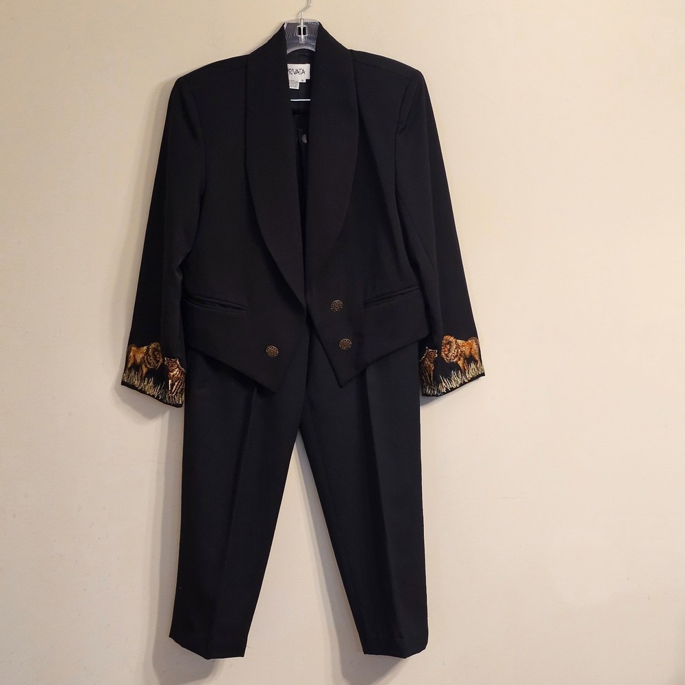 Vintage Privata Embroidered Lion Tiger Wool Pant Suit Jacket Sz 10 Pants Sz 12